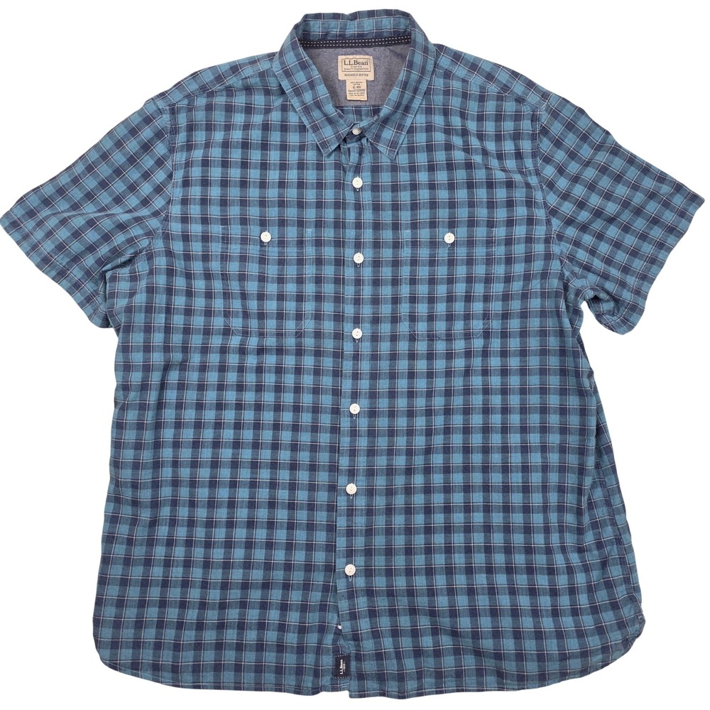 LL Bean Men Plaid Short Sleeve Button Shirt Organic Cotton Slightly Fitted XL